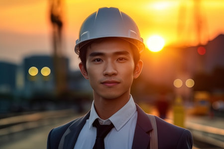 Portrait of asian engineer in construction site with sunset background.の素材