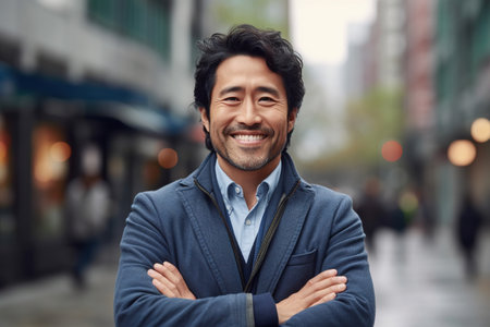 Portrait of handsome asian man smiling with arms crossed in cityの素材