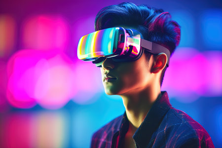 Portrait of a handsome asian man wearing virtual reality goggles.の素材