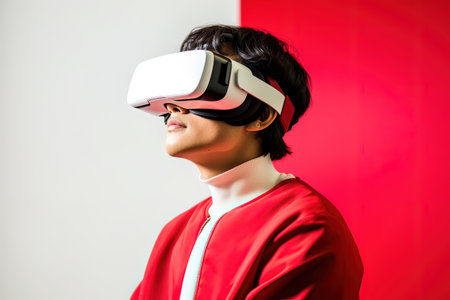 Young woman wearing virtual reality goggles on a red and white background.の素材