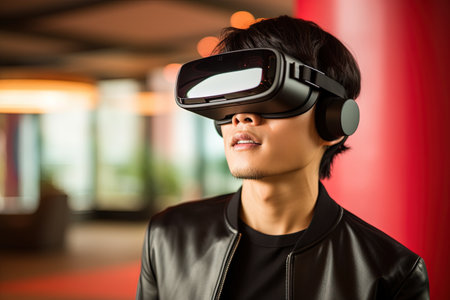 Young asian man using virtual reality headset in a modern office.の素材
