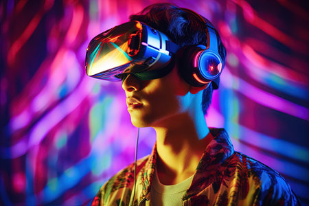 Portrait of a young man in virtual reality glasses. Studio shot.の素材