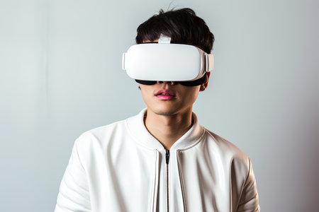 Young asian man wearing virtual reality glasses on white background. Technology concept.の素材