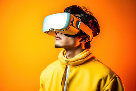 Handsome young man in yellow hoodie and vr glasses over orange background.の素材