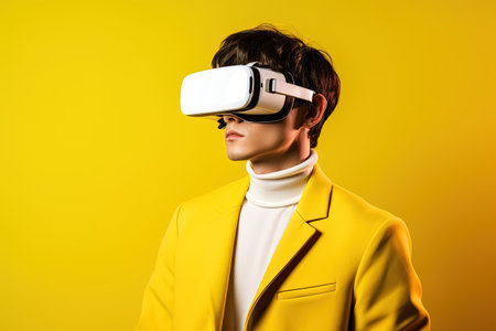 Stylish young man in yellow jacket using virtual reality headset on yellow backgroundの素材
