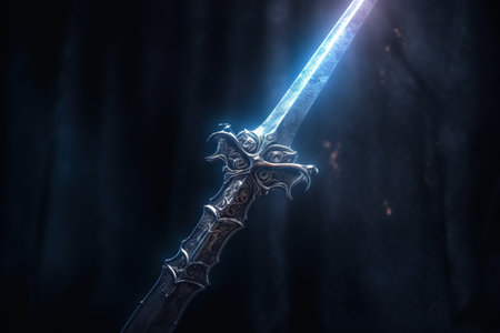 Sword with blue light on the black background. Selective focus.の素材