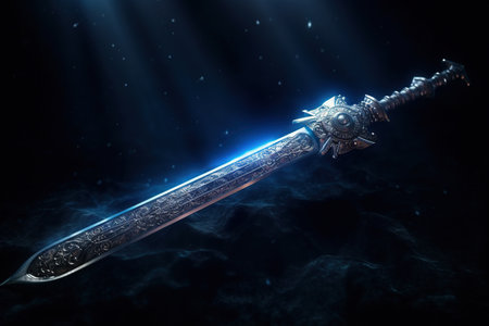 Fantasy fantasy knight sword in dark space. 3D illustration.の素材