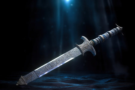 Sword with sharp blade on dark background. Medieval weapon concept. 3D Renderingの素材
