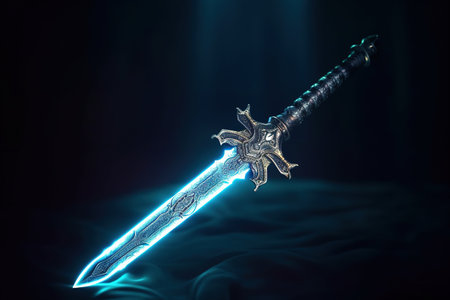 Medieval knight sword on a dark background. 3d rendering.の素材