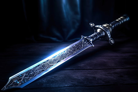 Sword with blue light and drapery on dark background. Fantasy conceptの素材