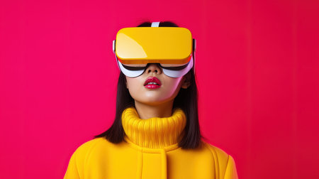 Portrait of a beautiful asian woman wearing virtual reality glasses on red backgroundの素材