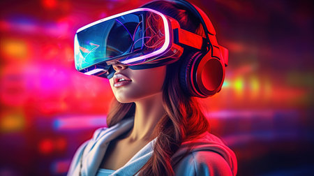 Young woman wearing virtual reality goggles. Future technology concept. 3D Renderingの素材