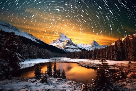 Beautiful winter landscape with mountain lake and starry night sky.の素材