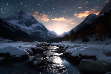 Fantastic winter landscape with snow covered mountains and river at nightの素材