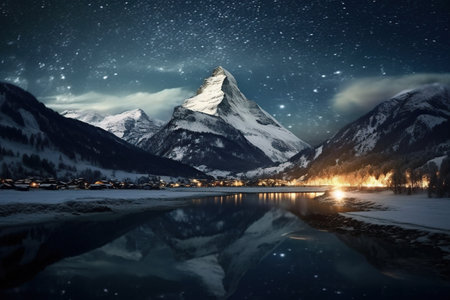 Matterhorn at night with reflection in Zermatt, Switzerlandの素材