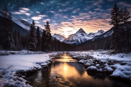 Beautiful winter landscape with snow covered mountains and river at night.の素材