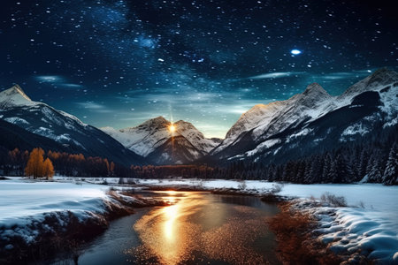 Fantastic winter landscape with snow covered mountains and river at nightの素材