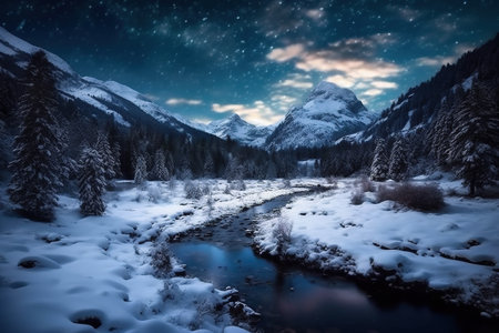 Fantastic winter landscape with snow covered trees and mountain river at nightの素材