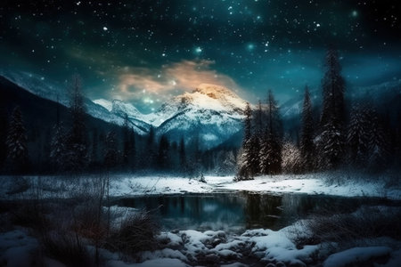 Fantastic winter landscape with snow covered trees and lake at nightの素材