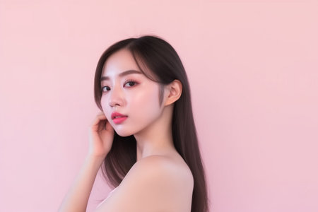Portrait of beautiful asian woman with makeup on pink background.の素材