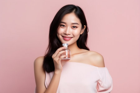 Beautiful young asian woman holding bottle of perfume on pink backgroundの素材