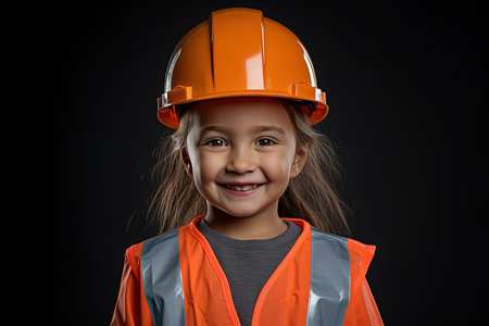 Portrait of a smiling little girl in a construction helmet on a black backgroundの素材