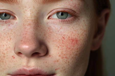 Red-haired girl with freckles on her face close upの素材