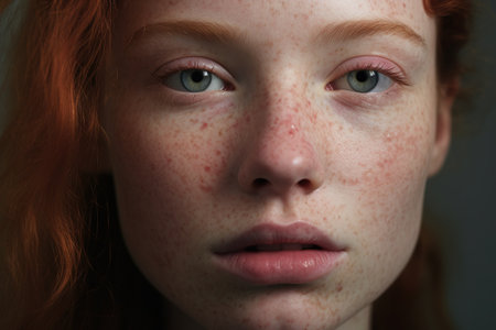 Portrait of a red-haired girl with freckles on her faceの素材