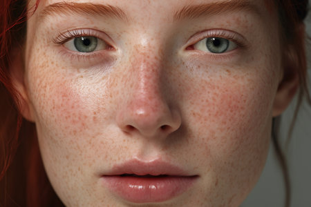 Close-up portrait of freckled girl with frecklesの素材