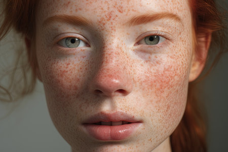 Close-up portrait of freckled redhead girl with frecklesの素材