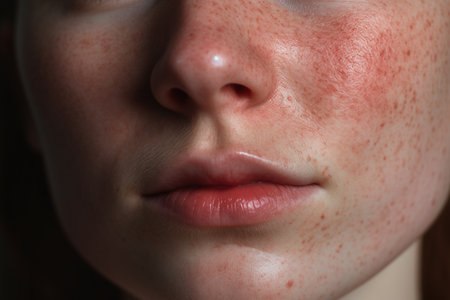 Close-up portrait of a girl with freckles on her faceの素材