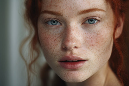 Close-up portrait of freckled redhead girl with frecklesの素材