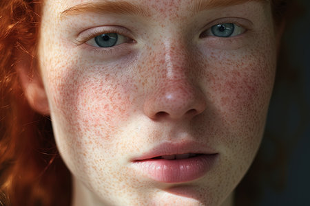 Close-up portrait of freckled redhead girl with frecklesの素材