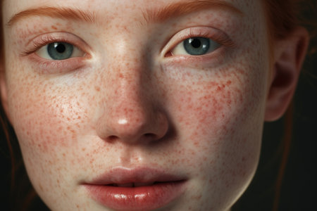 Close up portrait of redhead girl with freckles on her faceの素材