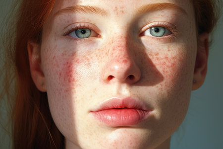 Portrait of a redhead girl with freckles on her faceの素材
