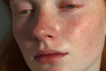 Close-up of freckles on the face of a red-haired girlの素材