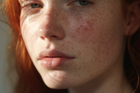 Portrait of a red-haired girl with freckles on her faceの素材