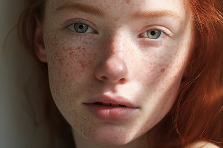 Portrait of red-haired girl with freckles and frecklesの素材