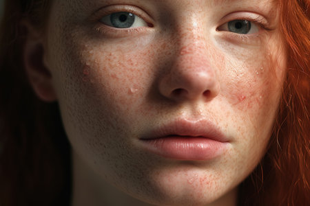 Portrait of a redhead girl with freckles on her faceの素材
