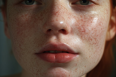 Close-up of red-haired girl with freckles on her faceの素材