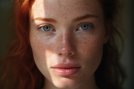 Portrait of a redhead girl with freckles on her faceの素材