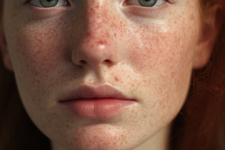 Close-up portrait of freckled redhead girl with freckles.の素材