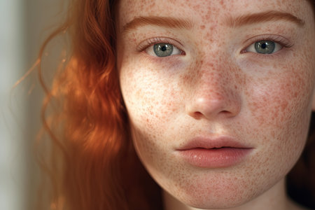 Portrait of redhead girl with freckles and frecklesの素材