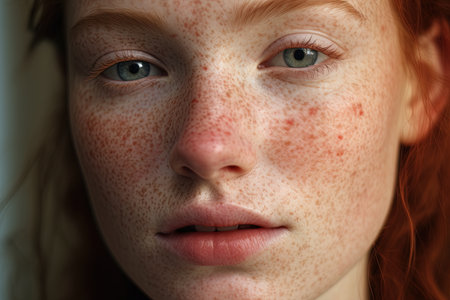 Portrait of a red-haired girl with freckles on her faceの素材