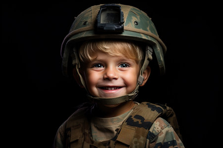 Portrait of a little boy in a military helmet on a black backgroundの素材