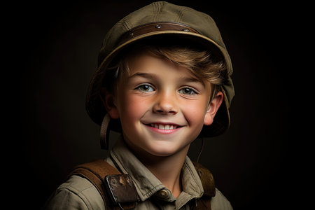 Portrait of a little boy in a military uniform. Studio shot.の素材