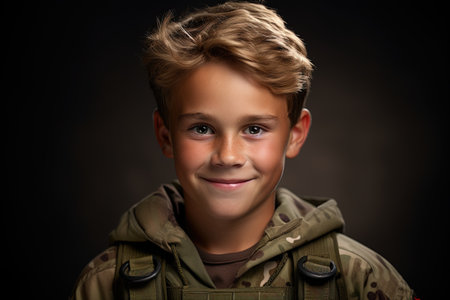 Portrait of a cute little boy dressed as a soldier on dark backgroundの素材