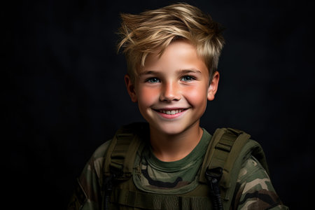 Portrait of a cute little boy in military uniform on black backgroundの素材