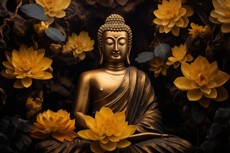 Buddha statue with yellow lotus flowers on dark background.の素材