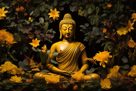 Buddha statue surrounded by flowers and leaves in black background.の素材